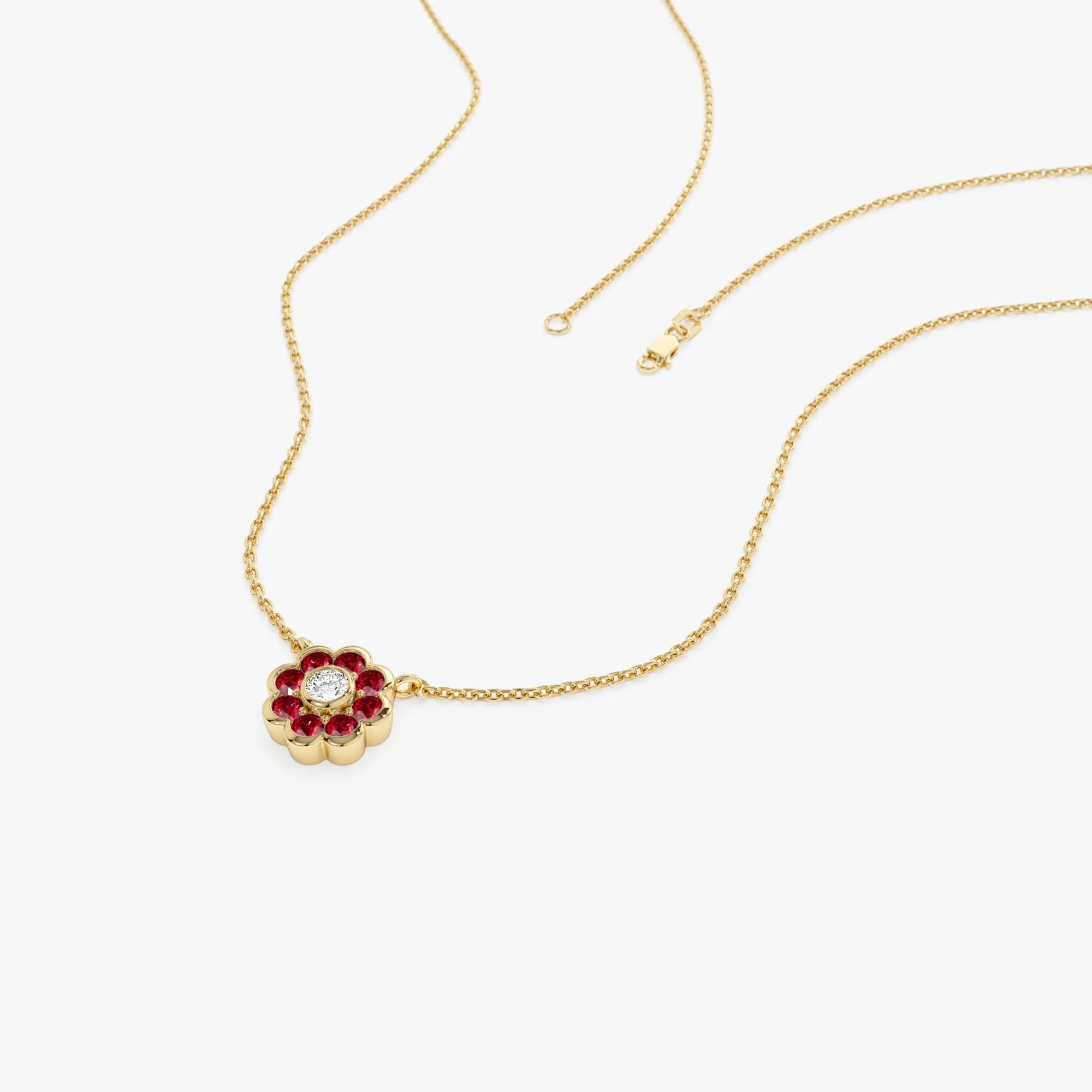 14k Solid Gold Ruby and Diamond Round Flower Necklace 0.35 Carat Bezel Setting