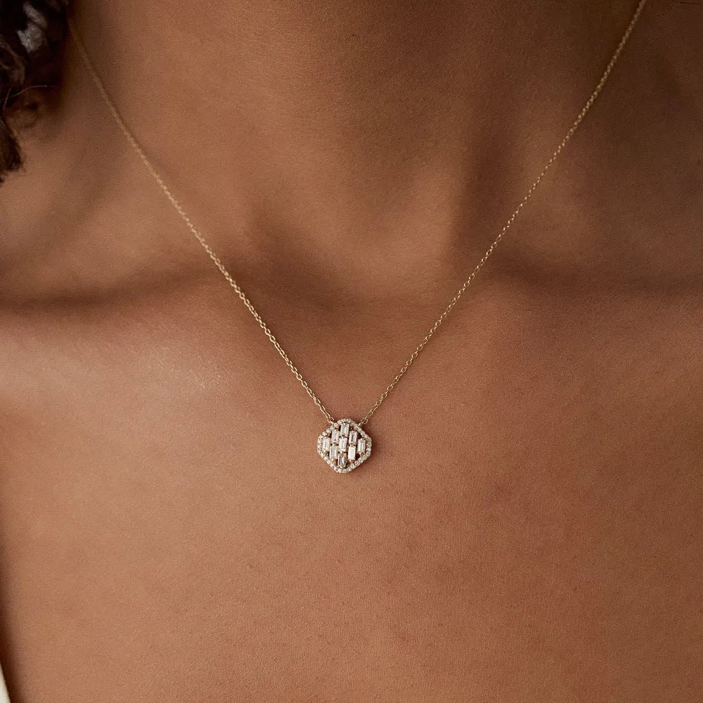 14K Solid Gold Baguette and Round Diamond Halo Necklace Prong Setting 0.32ctw