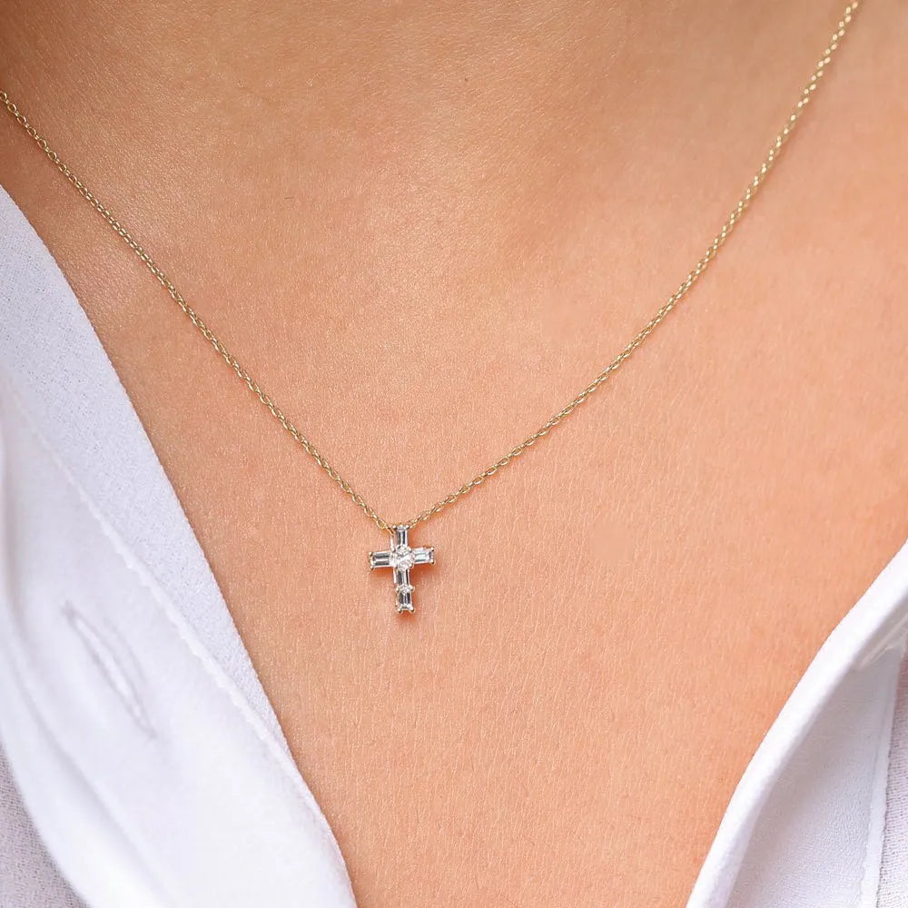 14K Solid Gold Baguette and Princess Cut Diamond Cross Pendant Necklace 0.15ctw