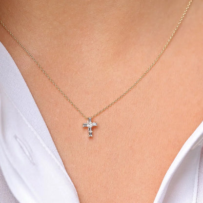 14K Solid Gold Baguette and Princess Cut Diamond Cross Pendant Necklace 0.15ctw