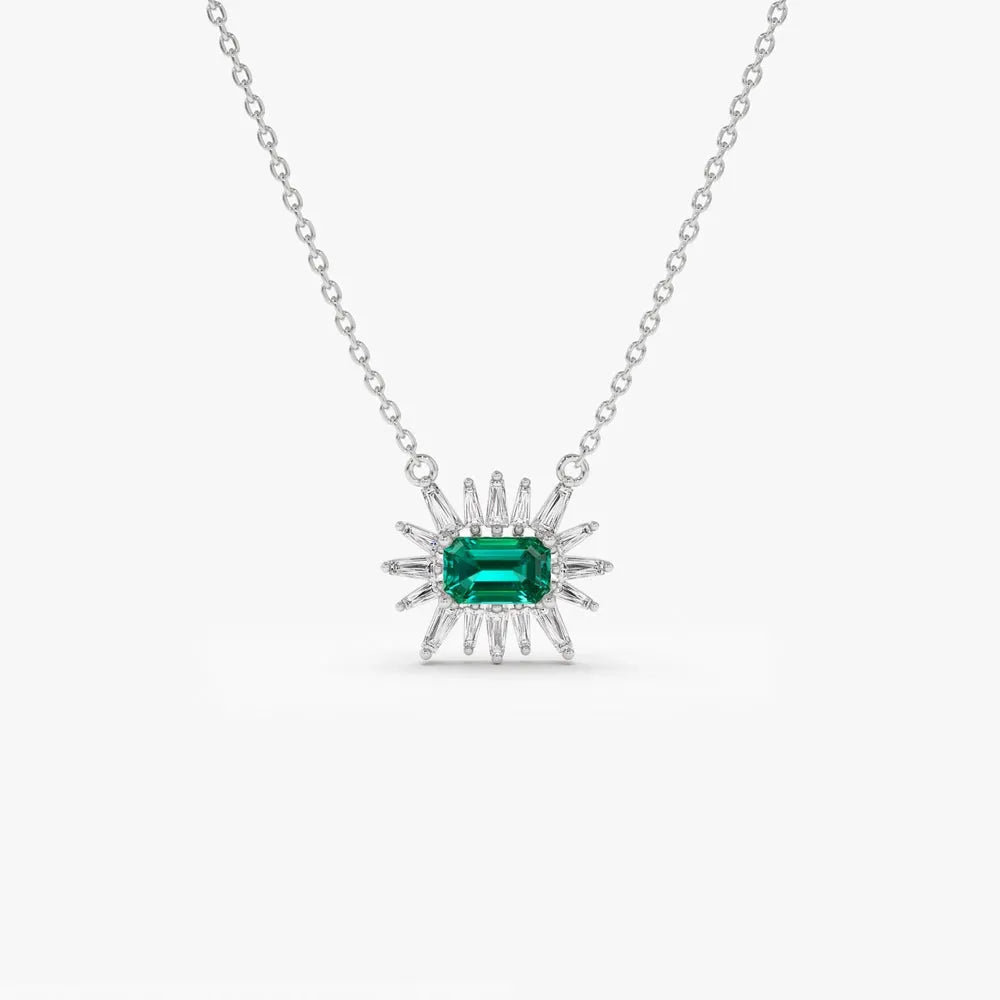 14k Solid Gold Emerald Cut Emerald 0.25 CTW and Tapered Baguette Diamond 0.25 CTW Pendant Necklace