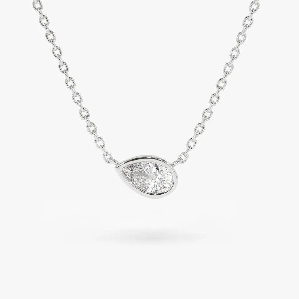 14K Solid Gold Pear Shape Diamond Horizontal Solitaire Necklace Bezel Set 0.23ctw