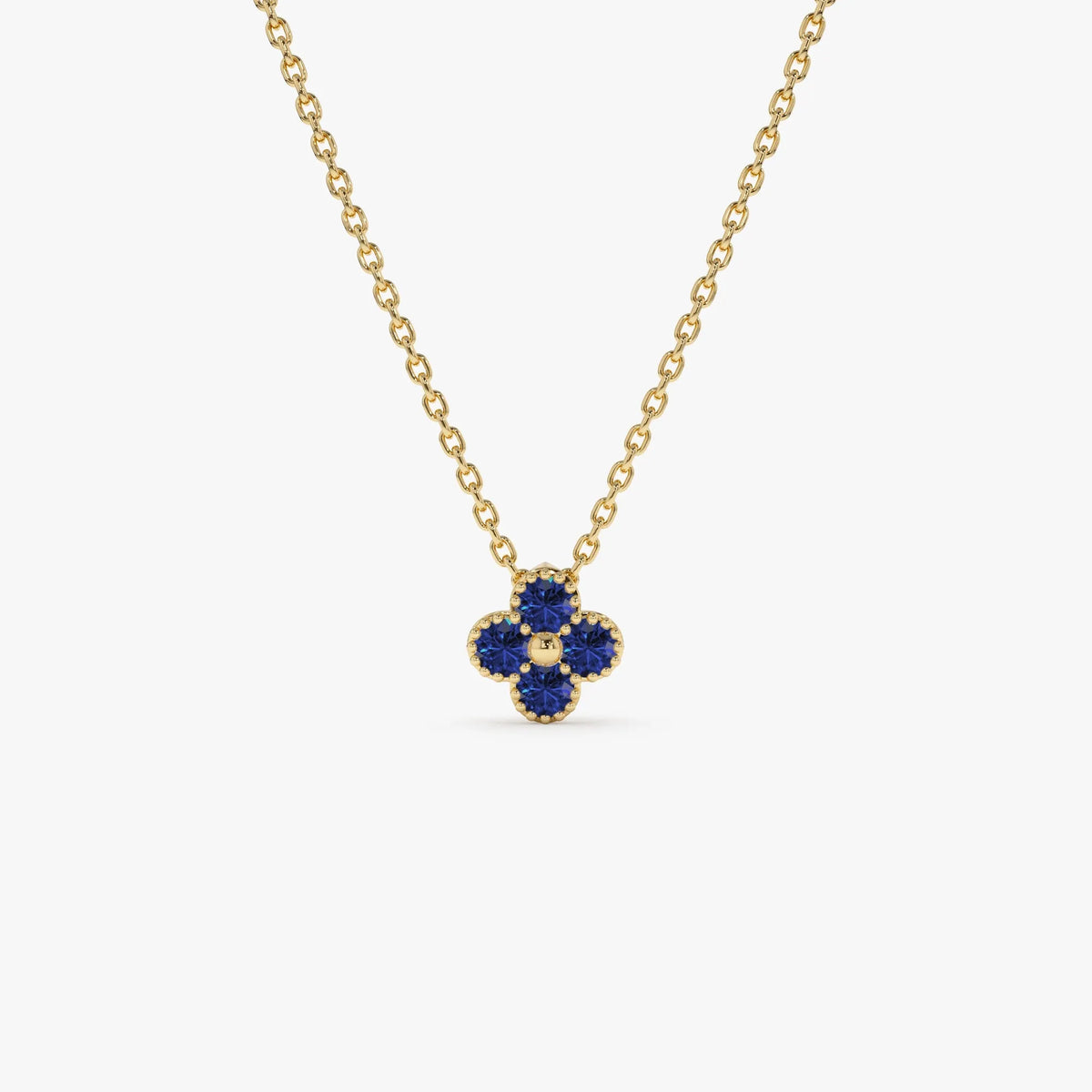 14k Solid Gold Round Sapphire Clover Beaded Necklace 0.18 Carat Prong Setting