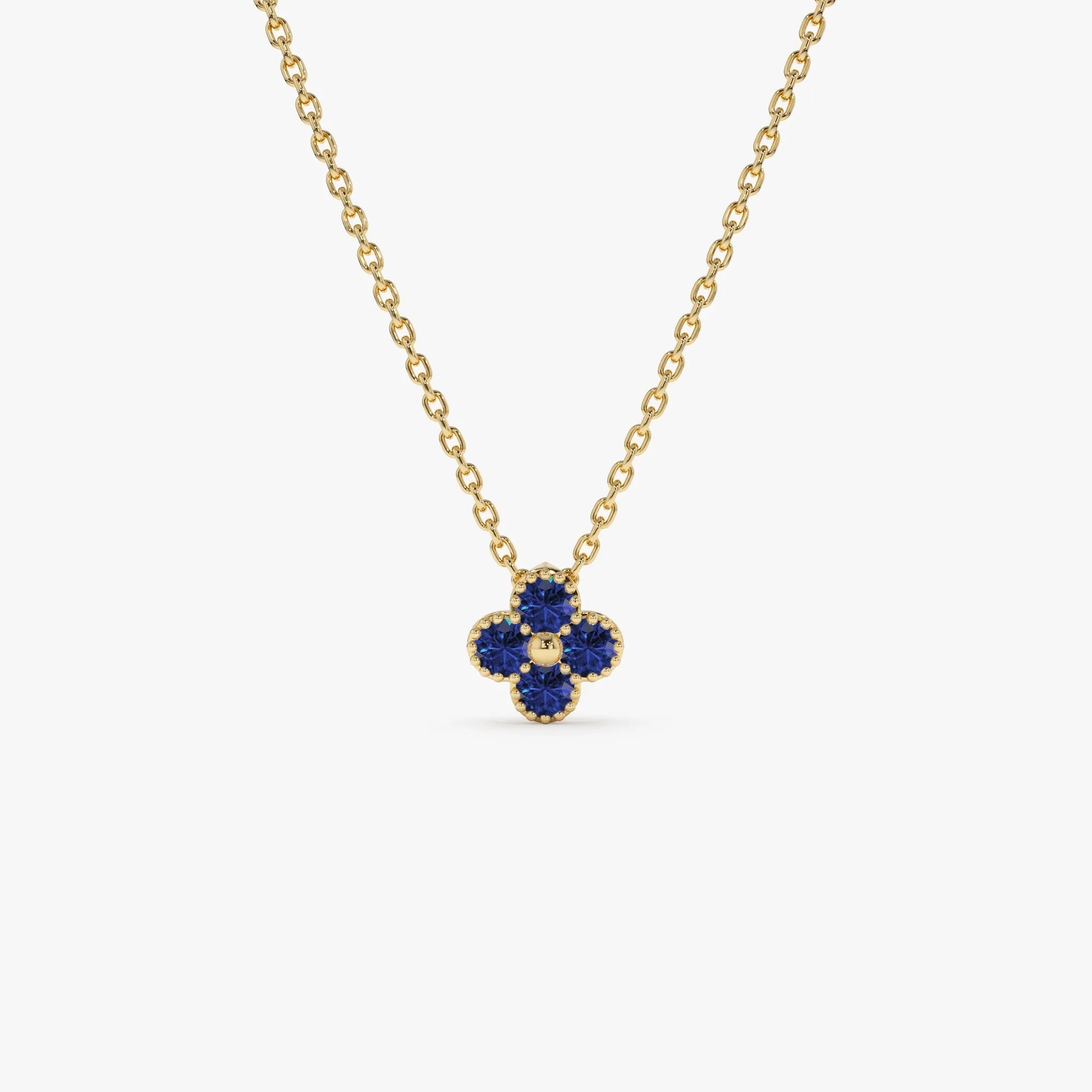 14k Solid Gold Round Sapphire Clover Beaded Necklace 0.18 Carat Prong Setting