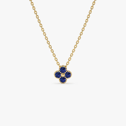 14k Solid Gold Round Sapphire Clover Beaded Necklace 0.18 Carat Prong Setting