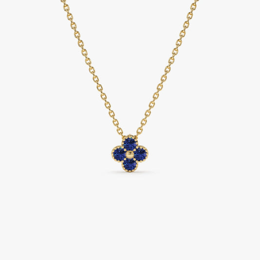 14k Solid Gold Round Sapphire Clover Beaded Necklace 0.18 Carat Prong Setting