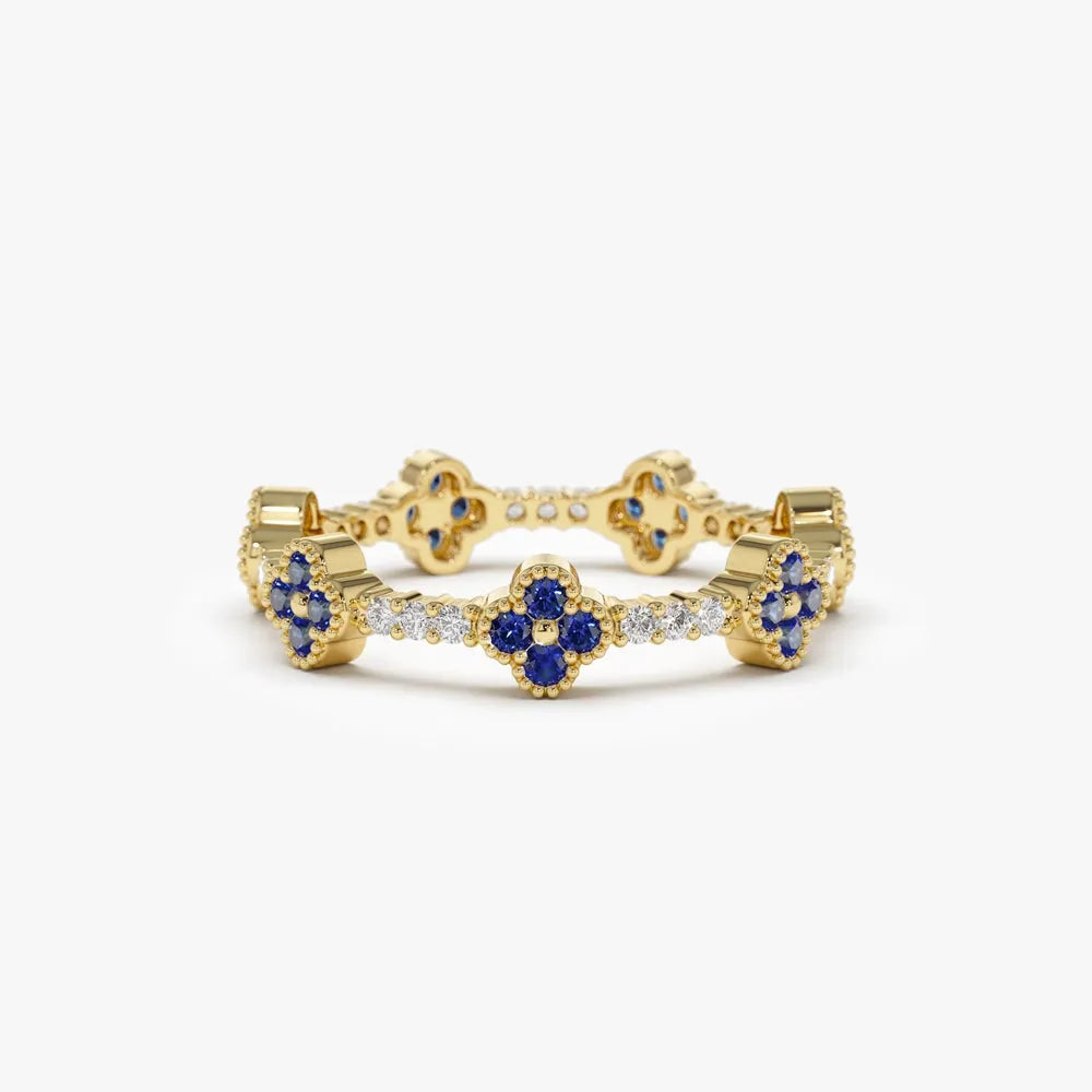 14k Gold Sapphire and Diamond Round Cut Clover Full Eternity Ring 0.45 ctw