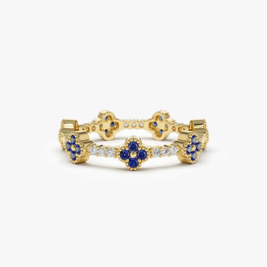 14k Gold Sapphire and Diamond Round Cut Clover Full Eternity Ring 0.45 ctw