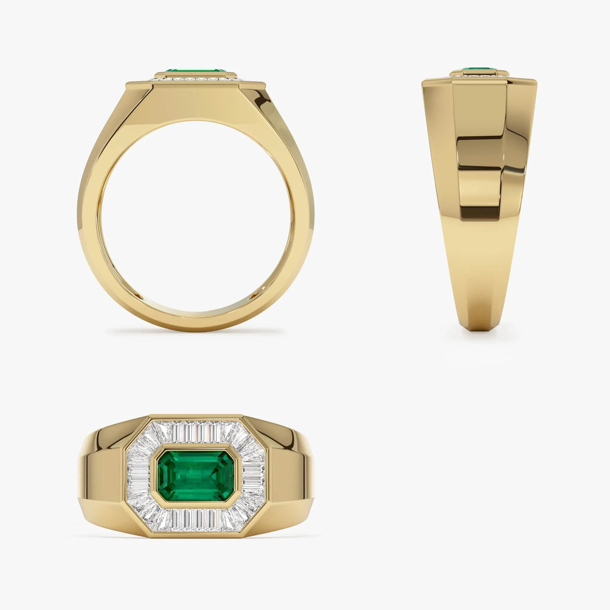 14K Solid Gold Octagon Emerald and Baguette Diamond Signet Ring 1.10 CTW
