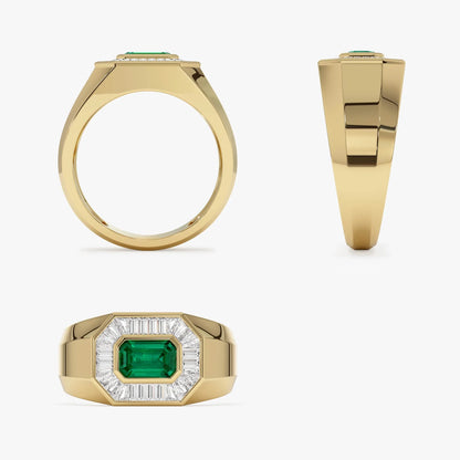 14K Solid Gold Octagon Emerald and Baguette Diamond Signet Ring 1.10 CTW