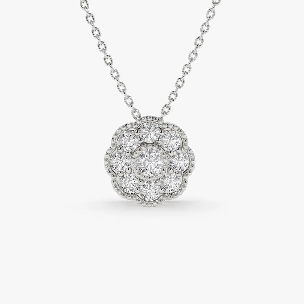 14K Solid Gold Round Diamond Floral Pendant Necklace 0.35ctw