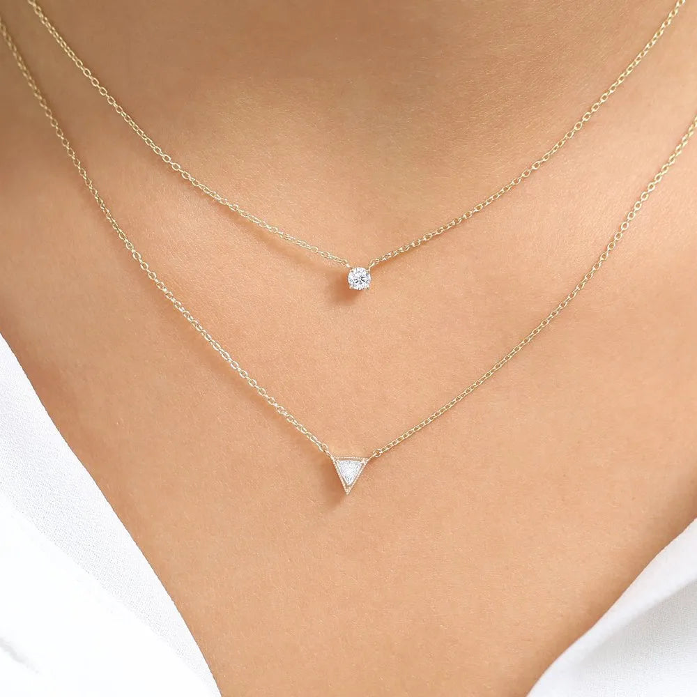 14K Solid Gold Triangle Cut Diamond Solitaire Necklace Micro Prong Setting 0.15ctw