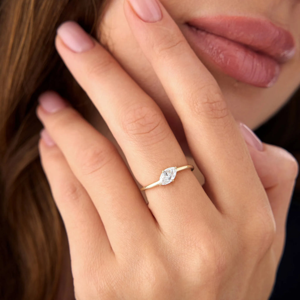 14k Gold 0.50 Carat Lab Grown Diamond Marquise Wavy Prong Setting Promise Ring