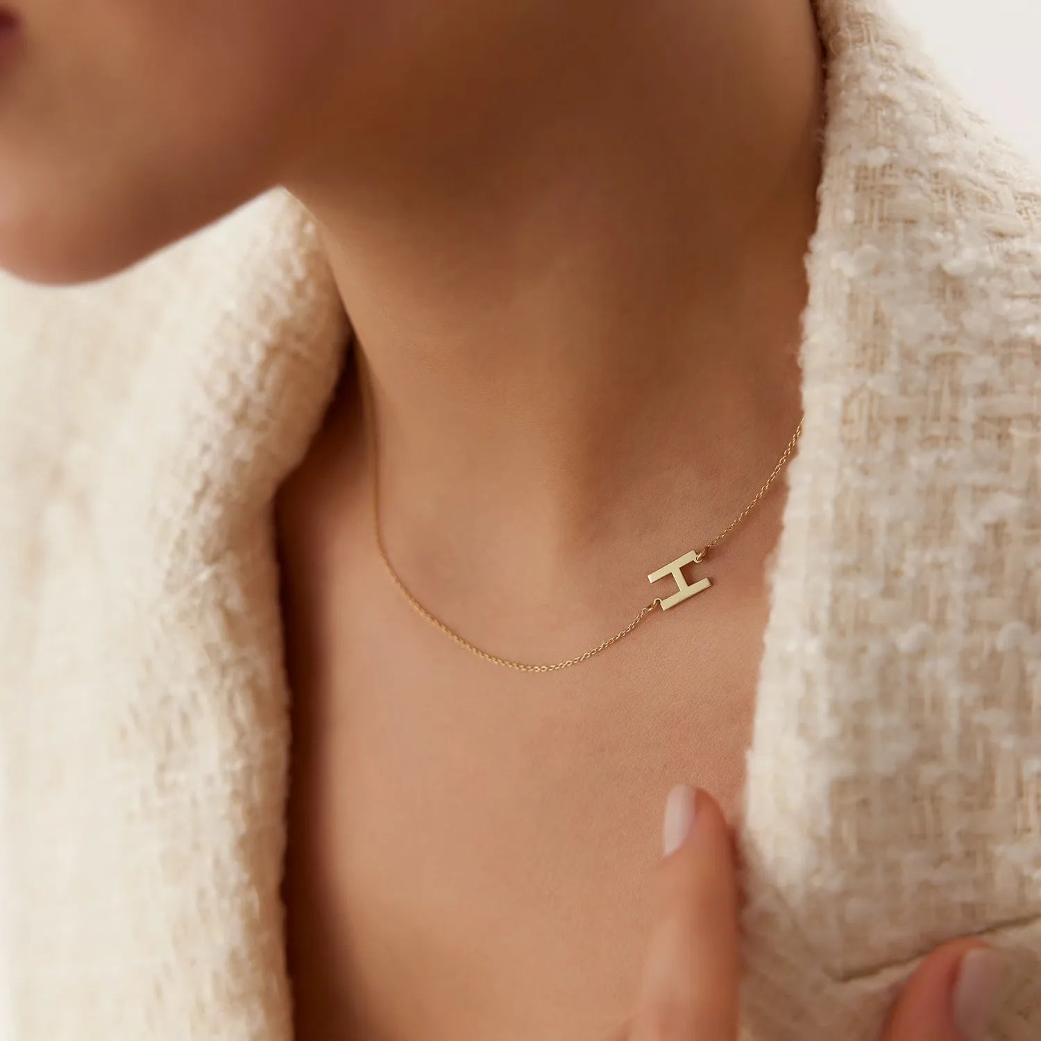 14k Solid Gold Sideways Off-Center Initial Letter Pendant Necklace Personalized