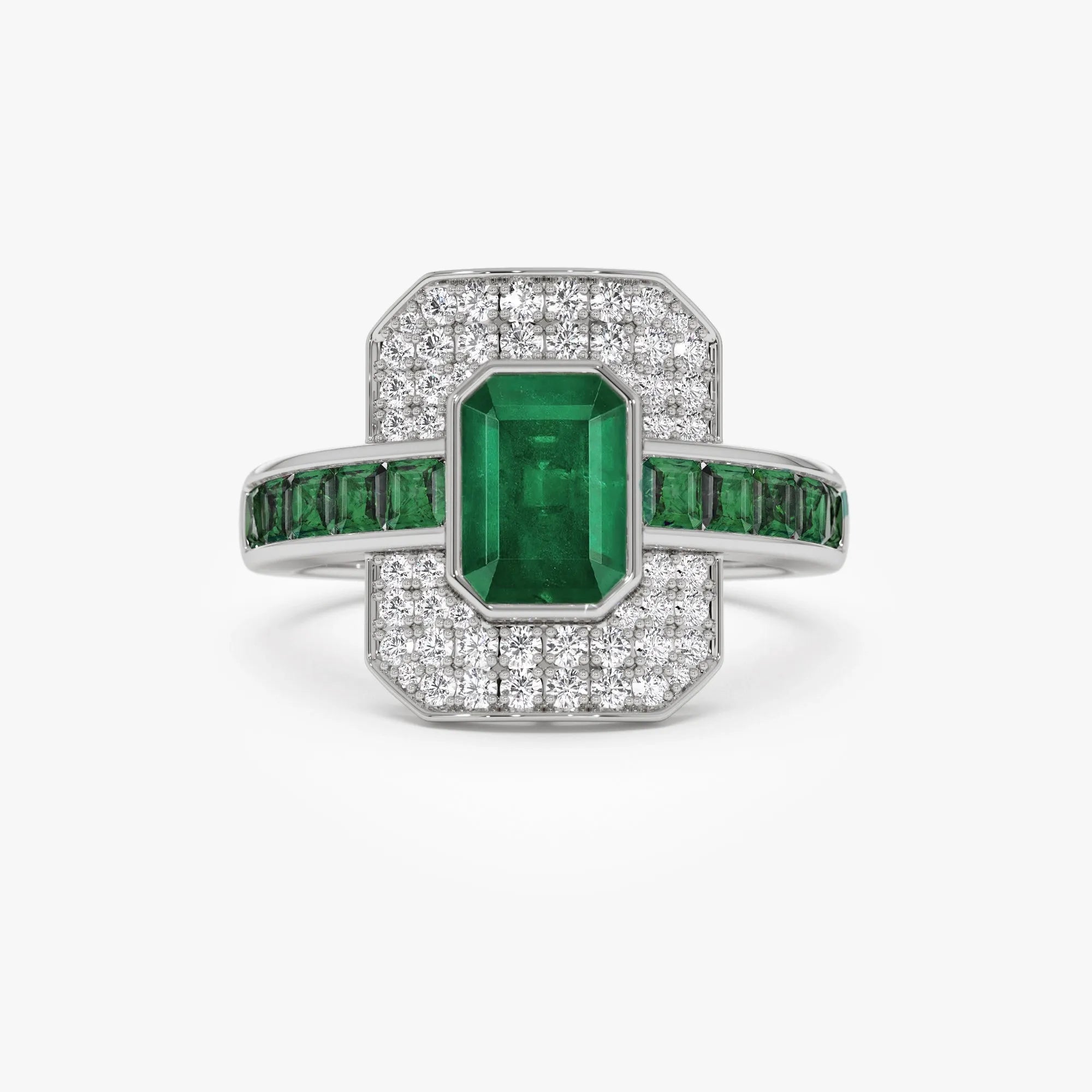 14K Gold Emerald Cut and Square Emerald Round Diamond Art Deco Ring 2.30 CTW