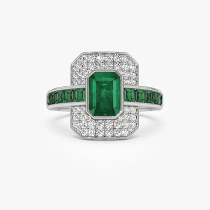14K Gold Emerald Cut and Square Emerald Round Diamond Art Deco Ring 2.30 CTW
