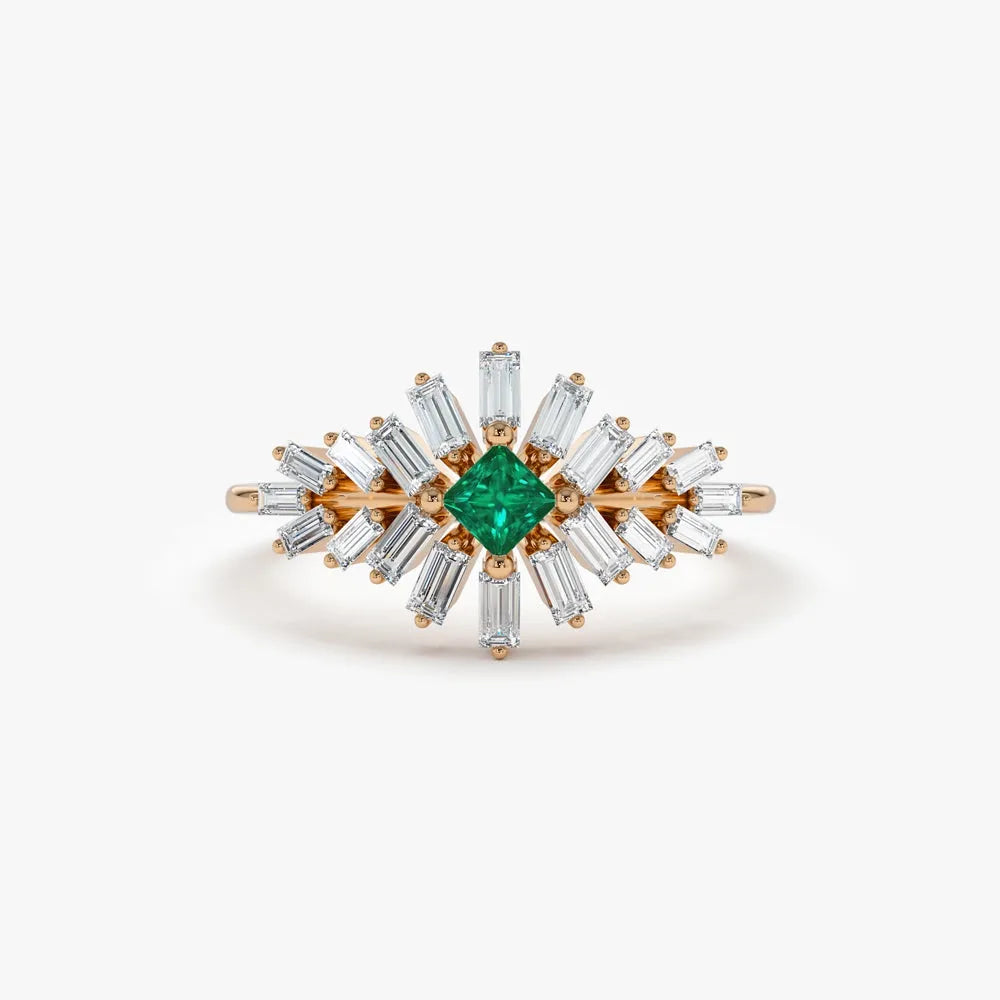 14K Gold Square Emerald and Baguette Diamond Ring 0.56 CTW Handcrafted Jewelry