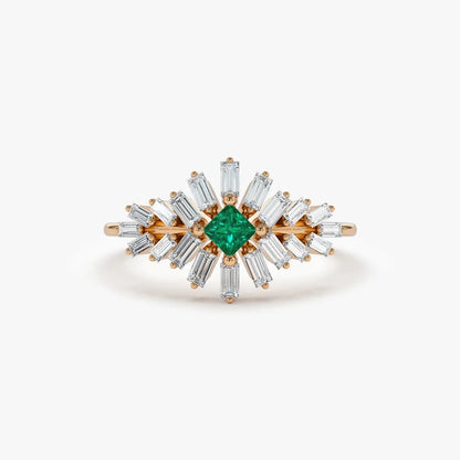 14K Gold Square Emerald and Baguette Diamond Ring 0.56 CTW Handcrafted Jewelry