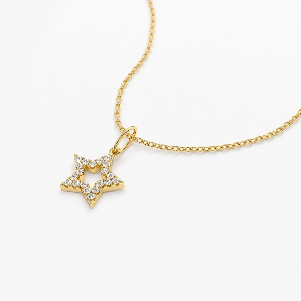 14K Solid Gold Round Diamond Star Charm Pendant Layering Necklace 0.14ctw