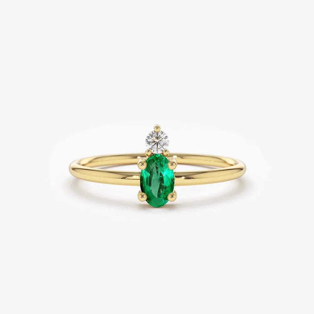 14K Gold Oval Emerald and Round Diamond Ring 0.19 CTW Prong Setting Handcrafted Jewelry