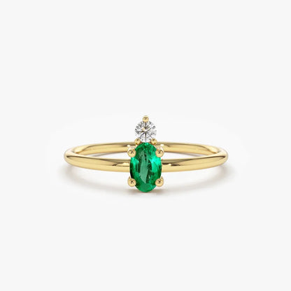 14K Gold Oval Emerald and Round Diamond Ring 0.19 CTW Prong Setting Handcrafted Jewelry