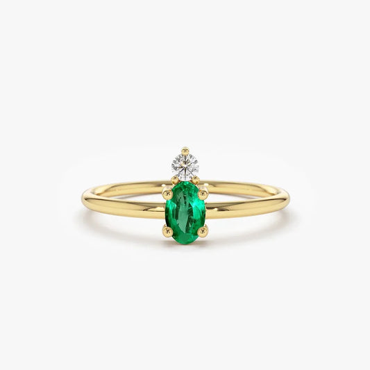 14K Gold Oval Emerald and Round Diamond Ring 0.19 CTW Prong Setting Handcrafted Jewelry