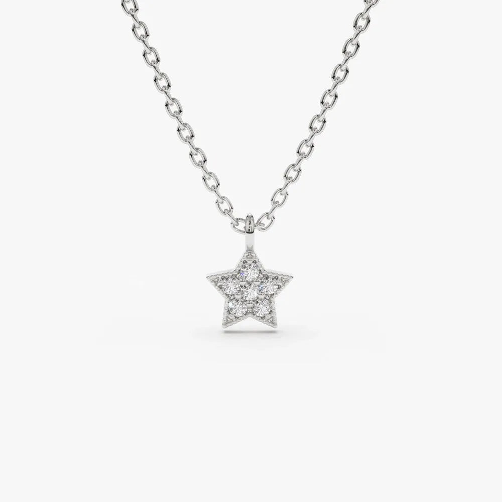 14K Solid Gold Round Diamond Micro Pave Star Charm Celestial Necklace 0.06cttw