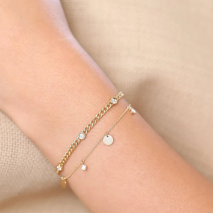 14K Solid Gold 0.08 CTW Round Diamond Bezel Set Dangling Disc Bracelet