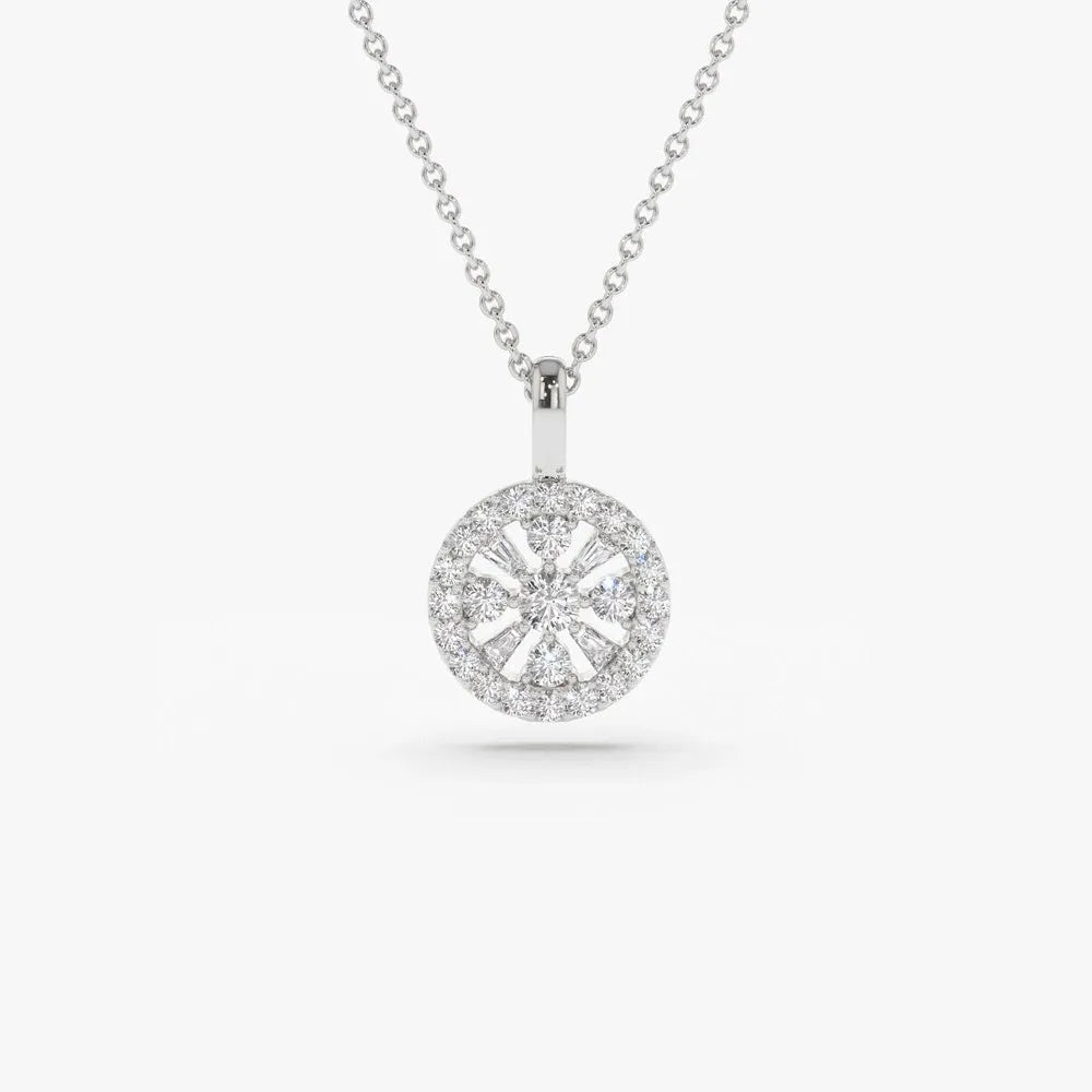 14K Solid Gold Baguette and Round Diamond Charm Necklace 0.32ctw