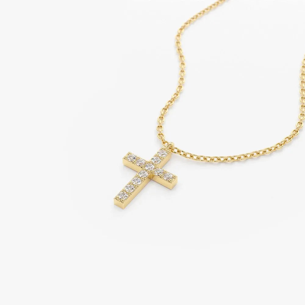 14K Solid Gold Round Diamond Micro Pave Cross Pendant Necklace 0.11cttw