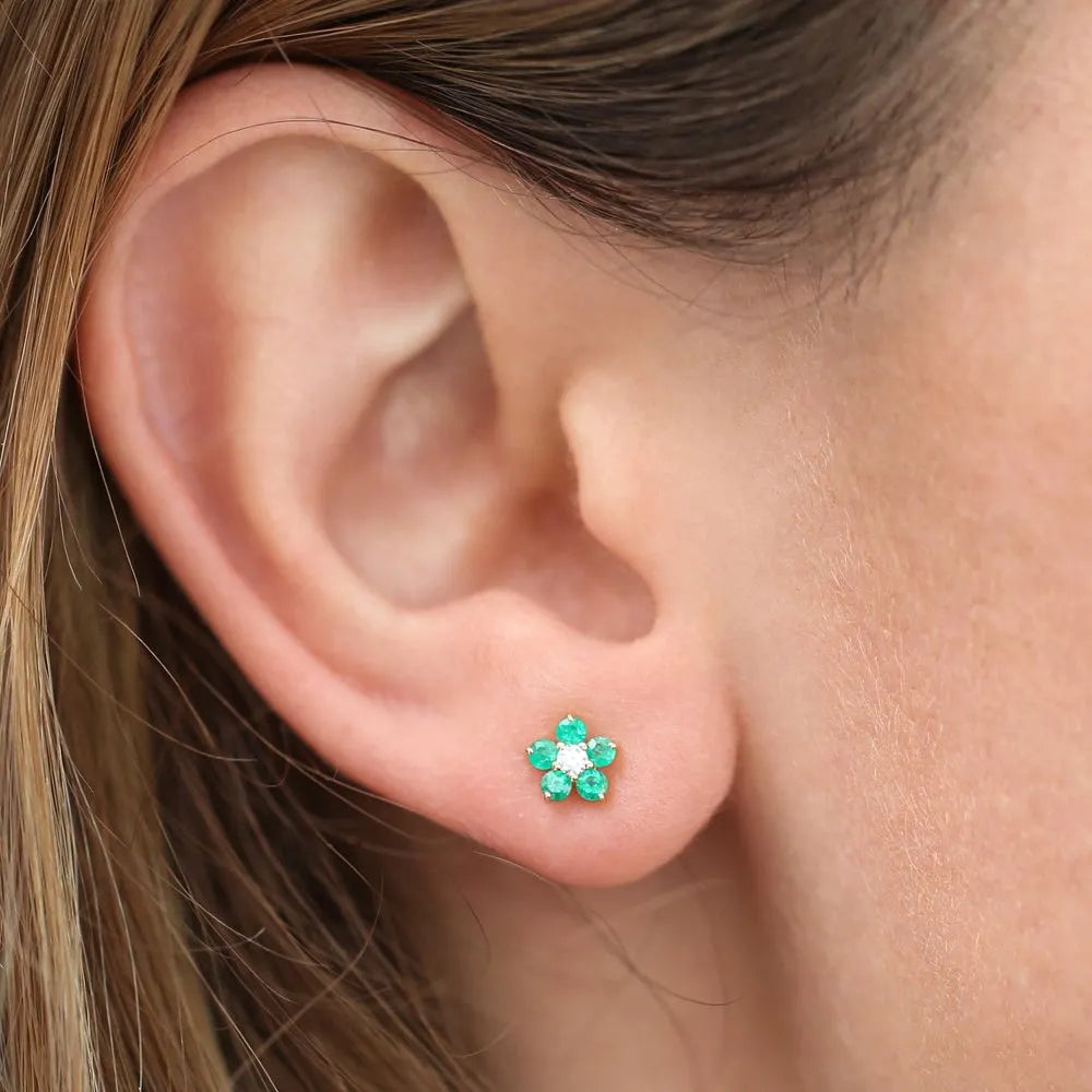 14K Solid Gold Round Emerald and Diamond Flower Stud Earrings 0.32ctw