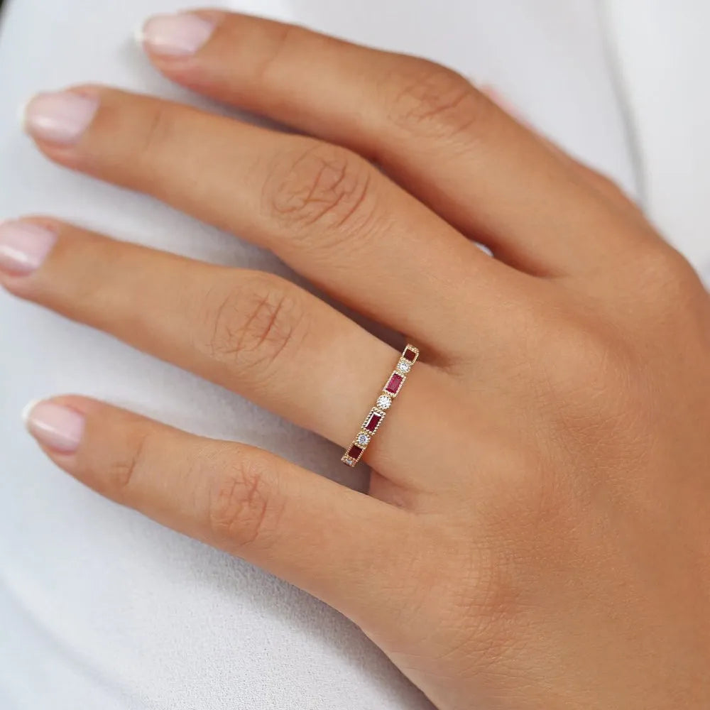 14k Gold Ruby and Diamond Baguette and Round Cut Milgrain Bezel Ring 0.47 ctw