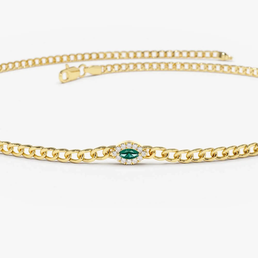 14k Gold 0.10ct Marquise Emerald and Round Diamond Curb Link Bracelet