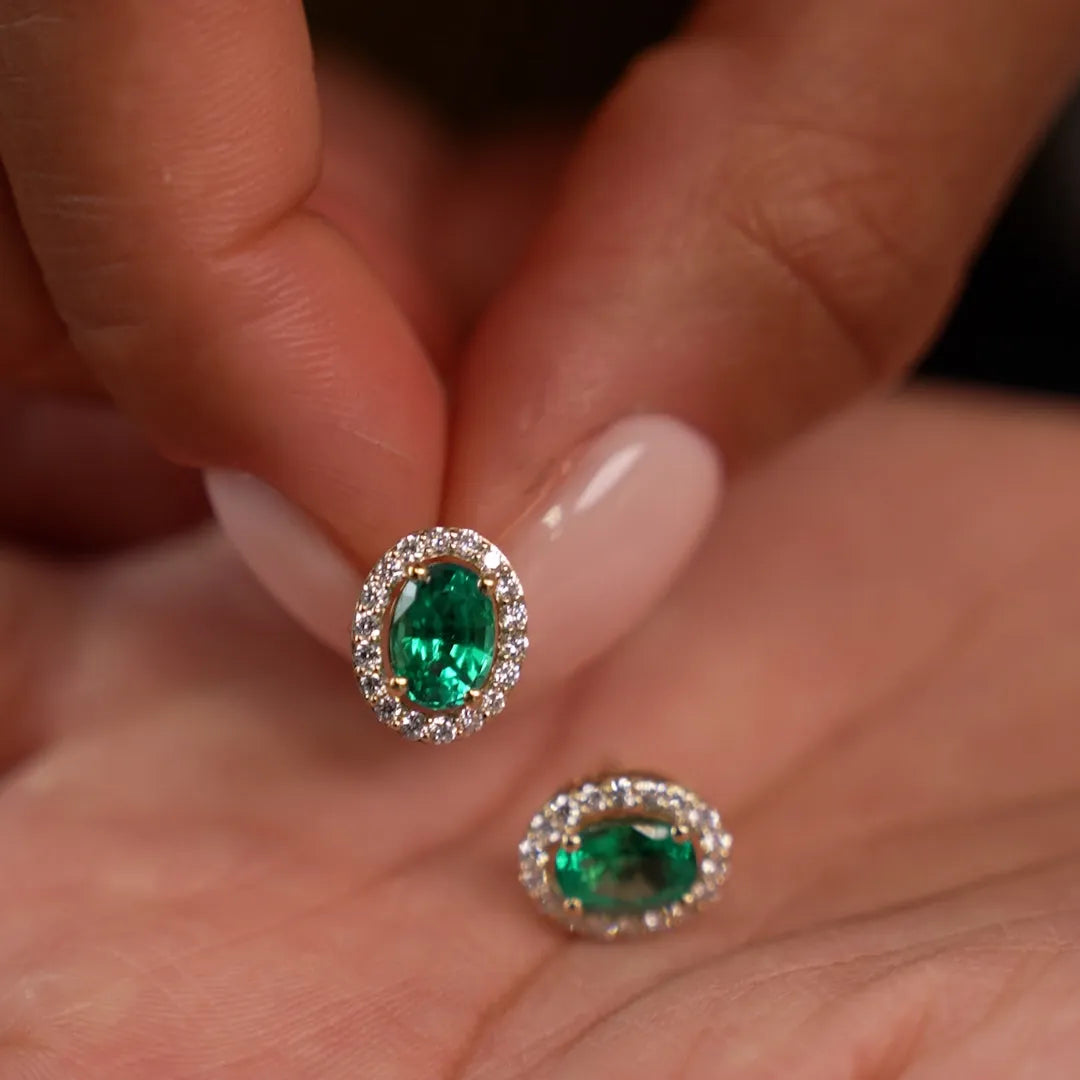 14k Gold Lab Grown Colombian Emerald and Lab Grown Diamond Oval Cut Halo Stud Earrings 1.86 ctw