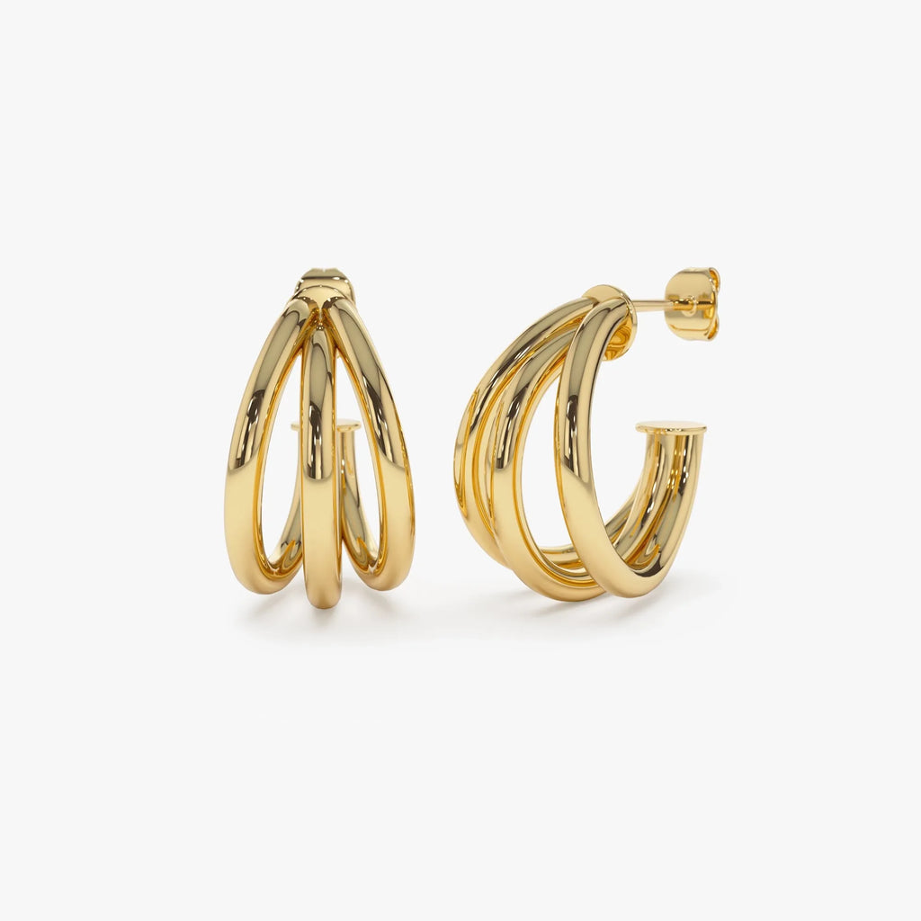 14k Gold Triple Row Tube Statement Hoop Earrings 20mm Length 15.5mm Width