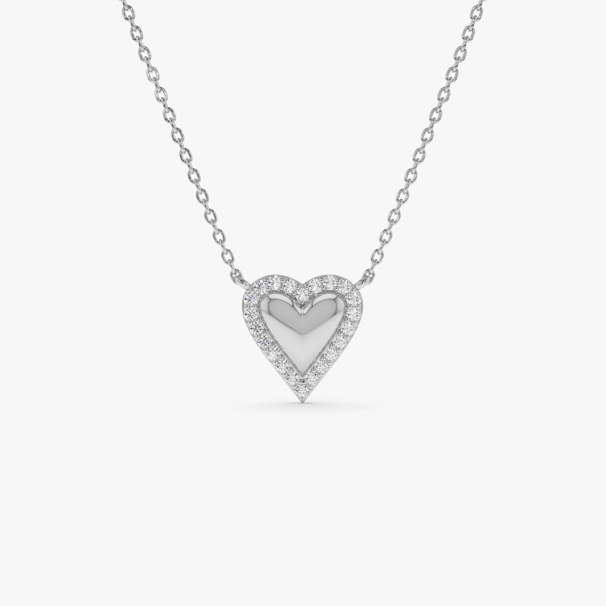 14K Solid Gold 0.12 CTW Round Diamond Puffed Heart Love Necklace