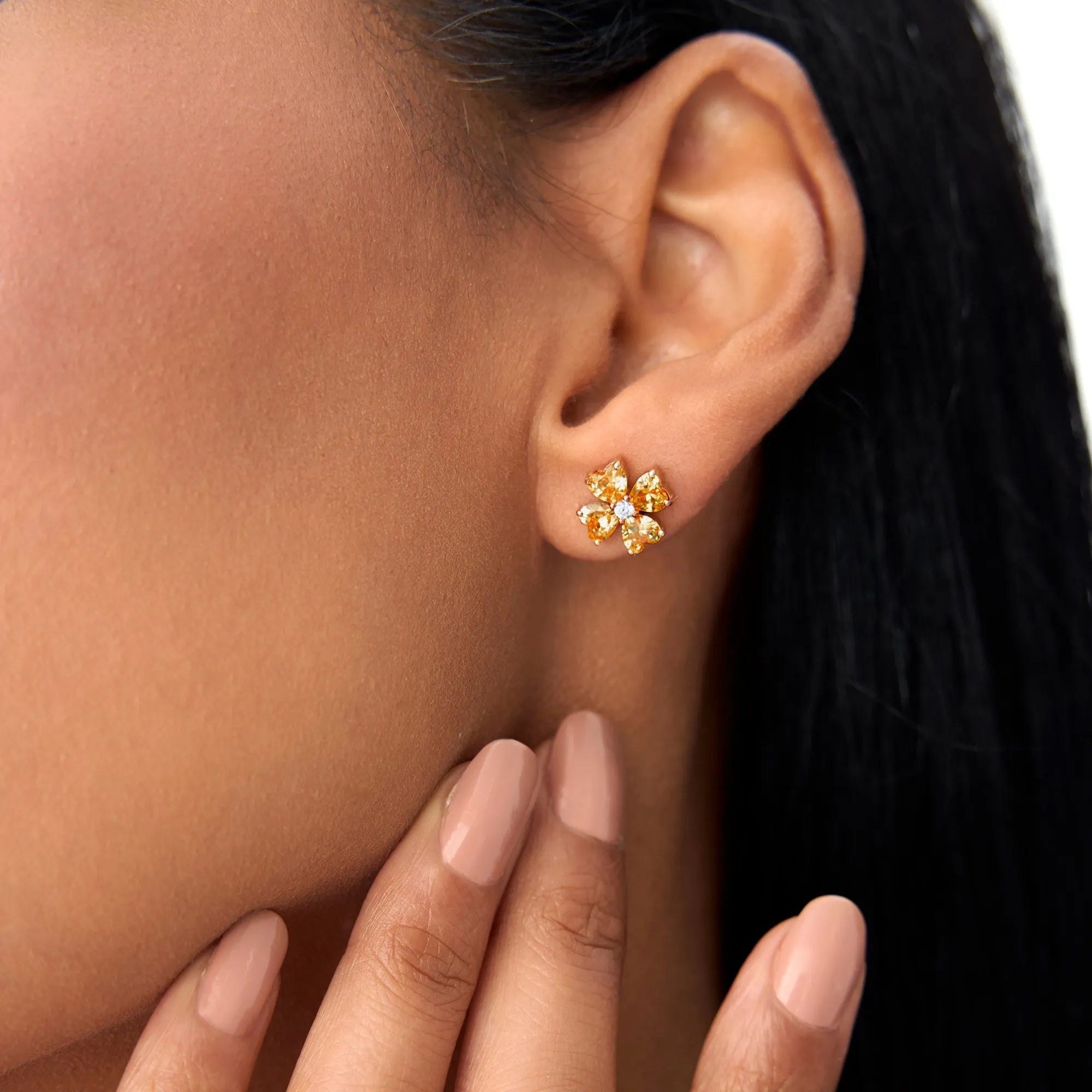 14K Solid Gold Heart Shaped Citrine and Diamond Four Leaf Clover Stud Earrings
