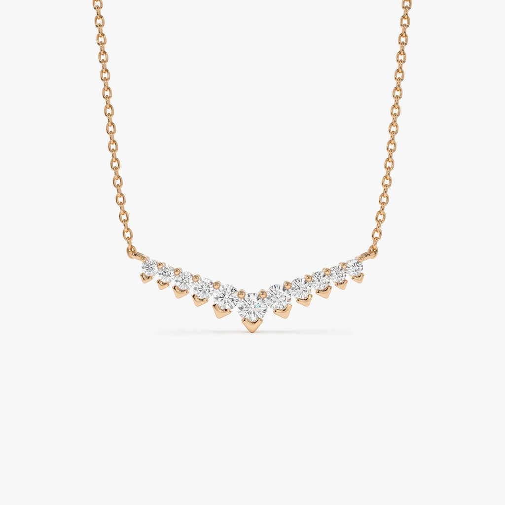 14K Solid Gold 0.32 CTW Round Diamond V Prong Chevron Necklace