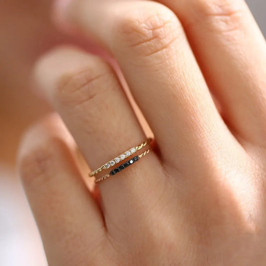 14K Gold Round Diamond Micro Pave Twisted Rope Stacking Wedding Band