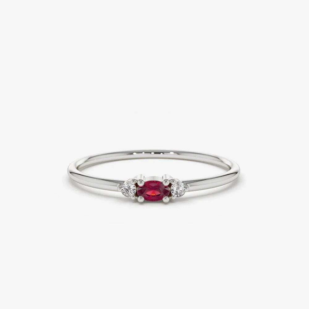 14k Gold Ruby and Diamond Oval and Round Cut Mini Three Stone Ring Prong Setting 0.14 ctw