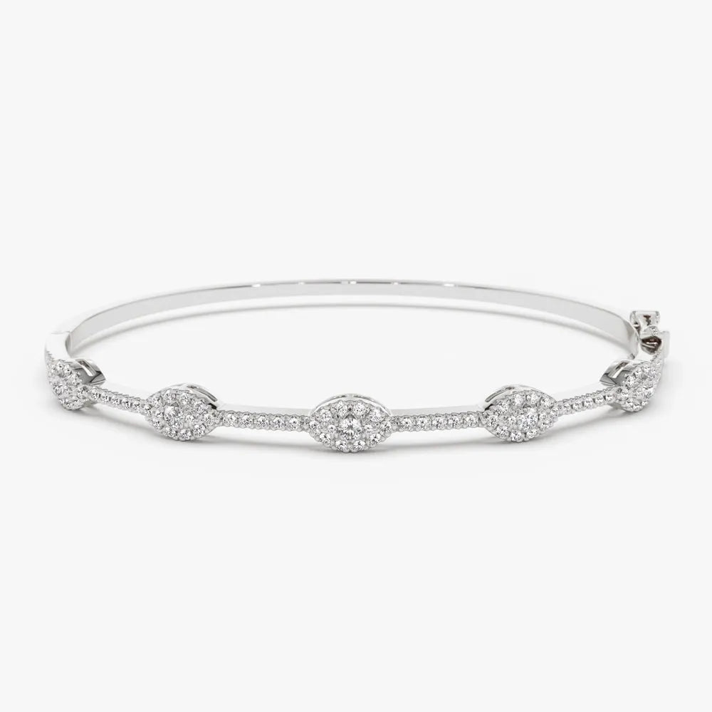 14K Solid Gold 0.99 CTW Round Diamond Marquise Shape Bangle