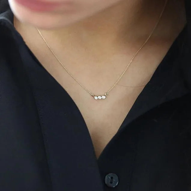 14K Solid Gold Round Diamond 3 Stone Horizontal Bezel Set Minimalist Necklace 0.10cttw