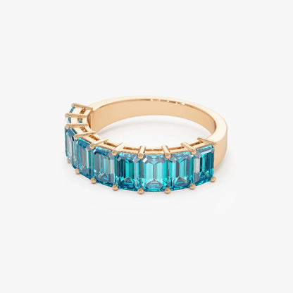 14K Solid Gold Emerald Cut Swiss Blue Topaz 3.00 Carat Nine Stone Ring