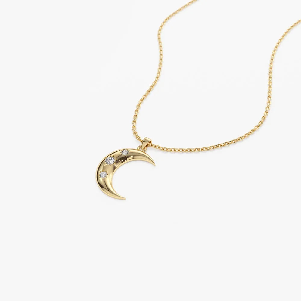 14K Solid Gold Round Diamond Crescent Pendant Necklace Star Setting 0.05ctw