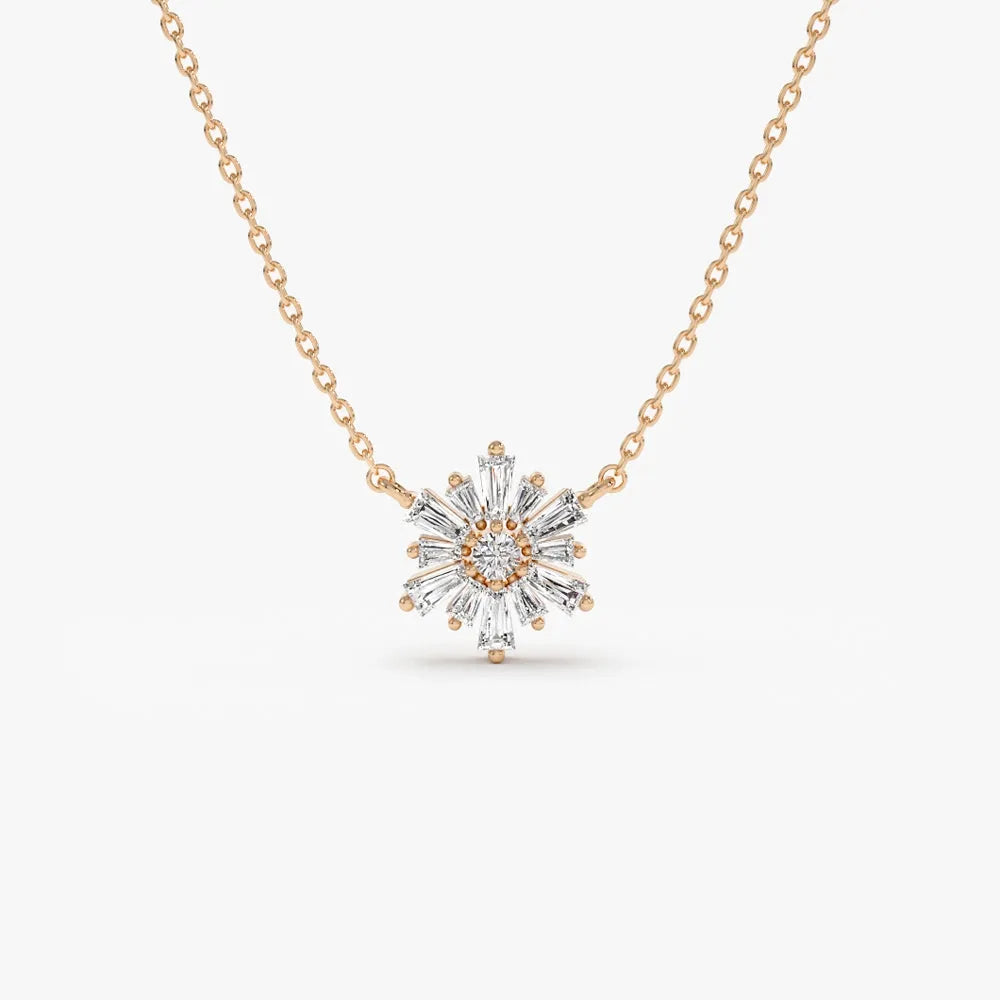 14K Solid Gold Round and Tapered Baguette Diamond Necklace Prong Setting 0.36ctw