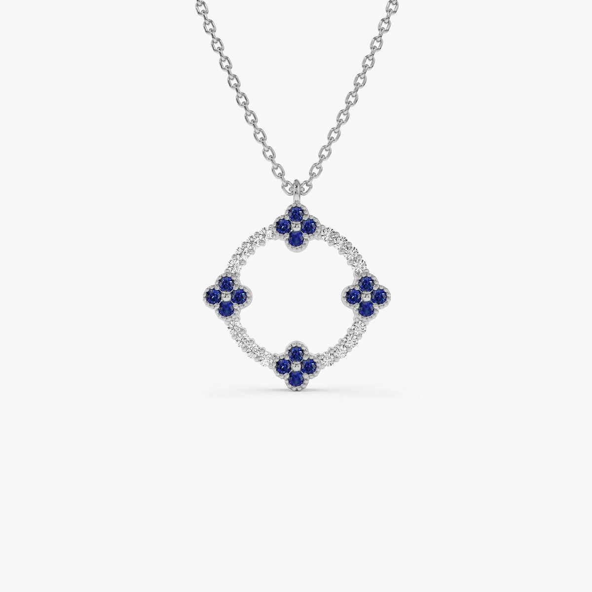 14k Solid Gold Sapphire and Diamond Round Clover Necklace 0.33 Carat