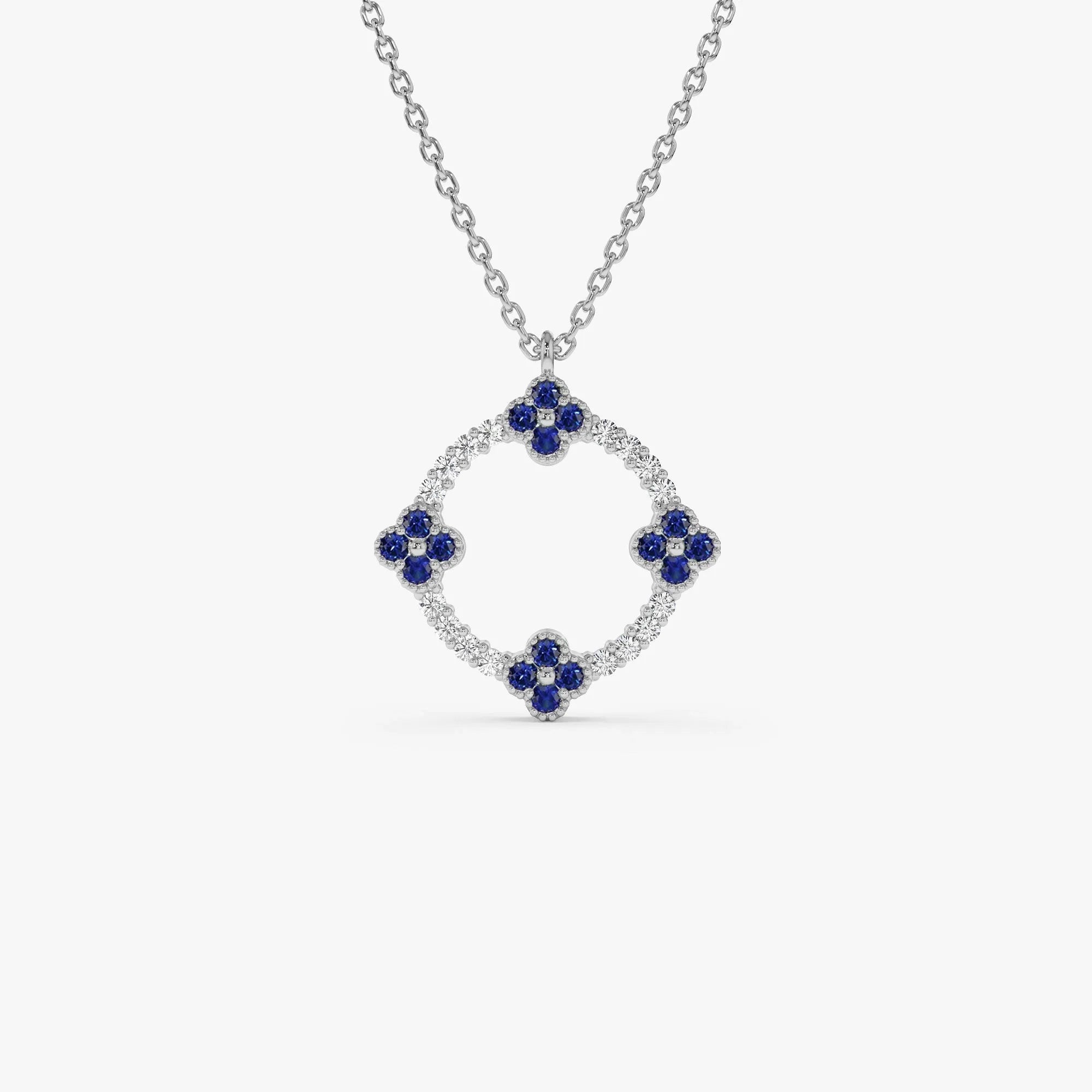 14k Solid Gold Sapphire and Diamond Round Clover Necklace 0.33 Carat
