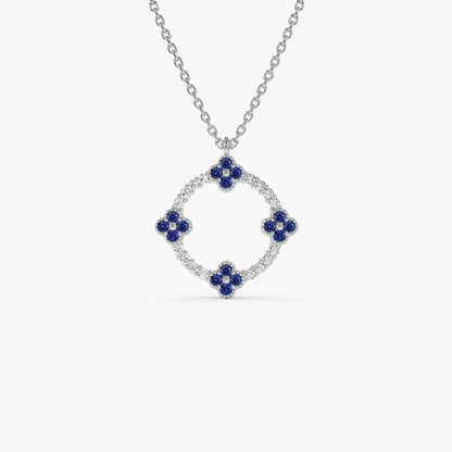 14k Solid Gold Sapphire and Diamond Round Clover Necklace 0.33 Carat
