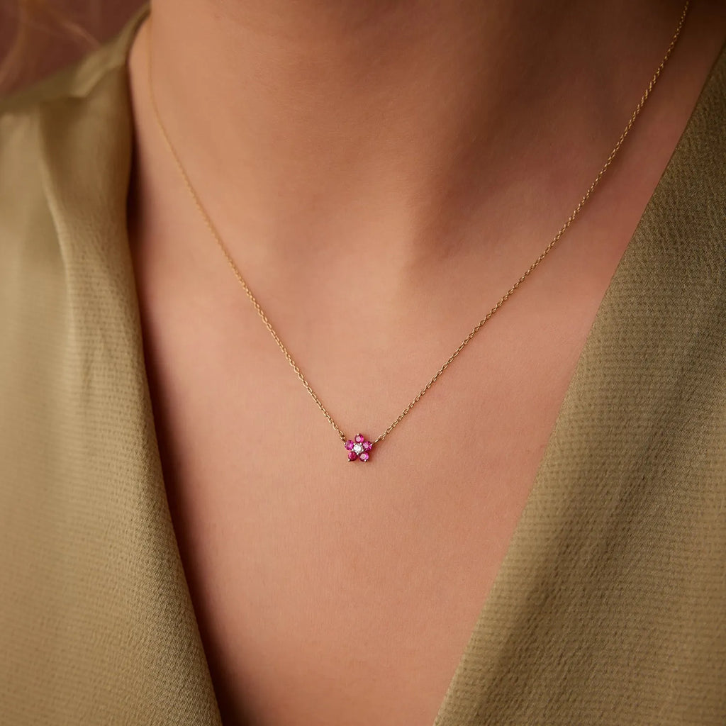 14k Solid Gold Ruby and Diamond Round Flower Charm Necklace 0.16 Carat Prong Setting