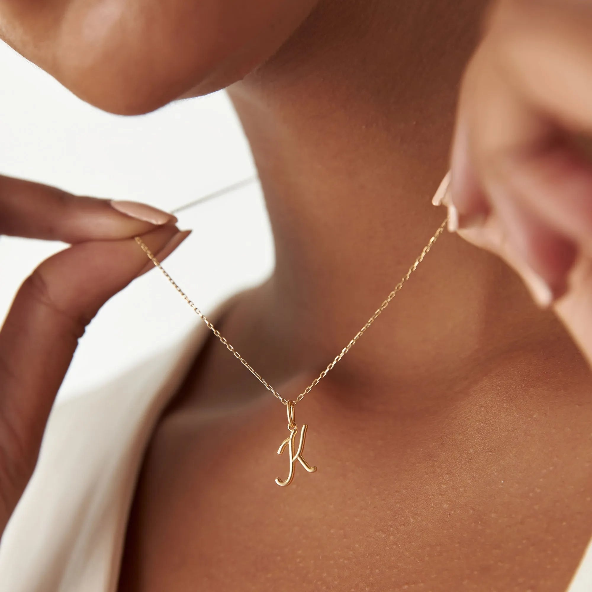 14k Solid Gold Script Initial Letter Pendant Necklace Personalized